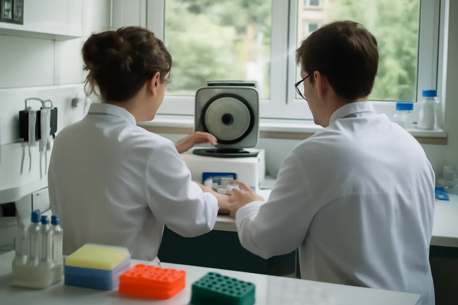 Deux scientifiques en blouse blanche manipulent une microcentrifugeuse sur paillasse.