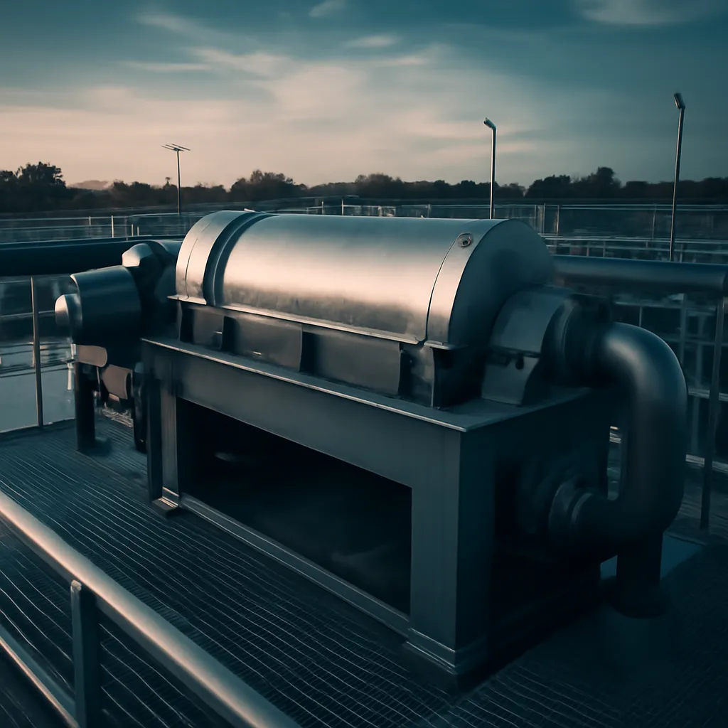 Décanteur centrifuge industriel installé en station d'épuration.