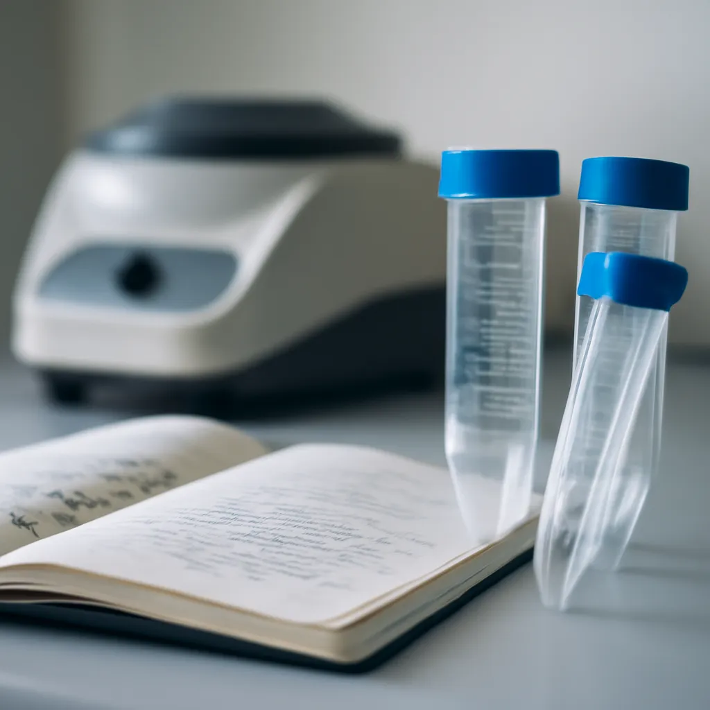 Cahier de laboratoire et tubes Falcon mal équilibrés à proximité d'une centrifugeuse.