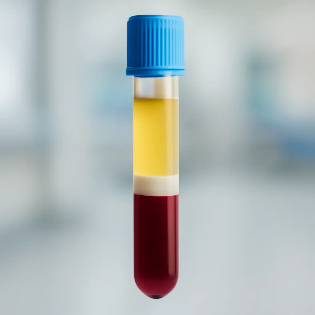 Tube de prélèvement sanguin centrifugé montrant les phases plasma, leucoplaquettaire et culot rouge.
