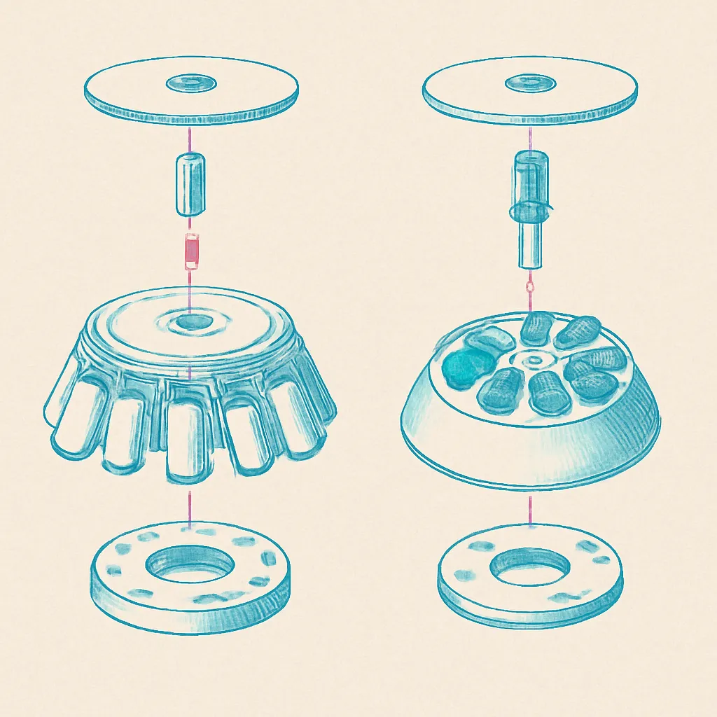 Vue éclatée d'un rotor à godets et d'un rotor à angle fixe en miroir.