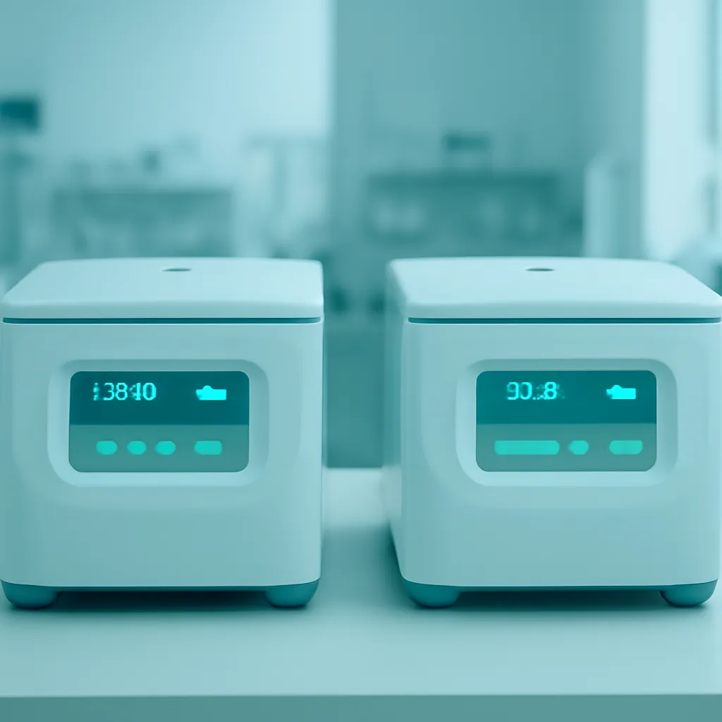 Centrifugeuses de clinique côte à côte avec affichages numériques en marche.