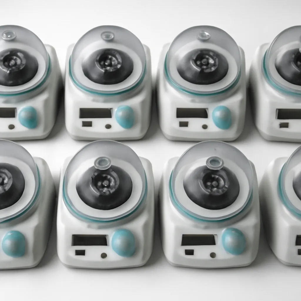 Plan en vue de dessus de plusieurs microcentrifugeuses identiques alignées.