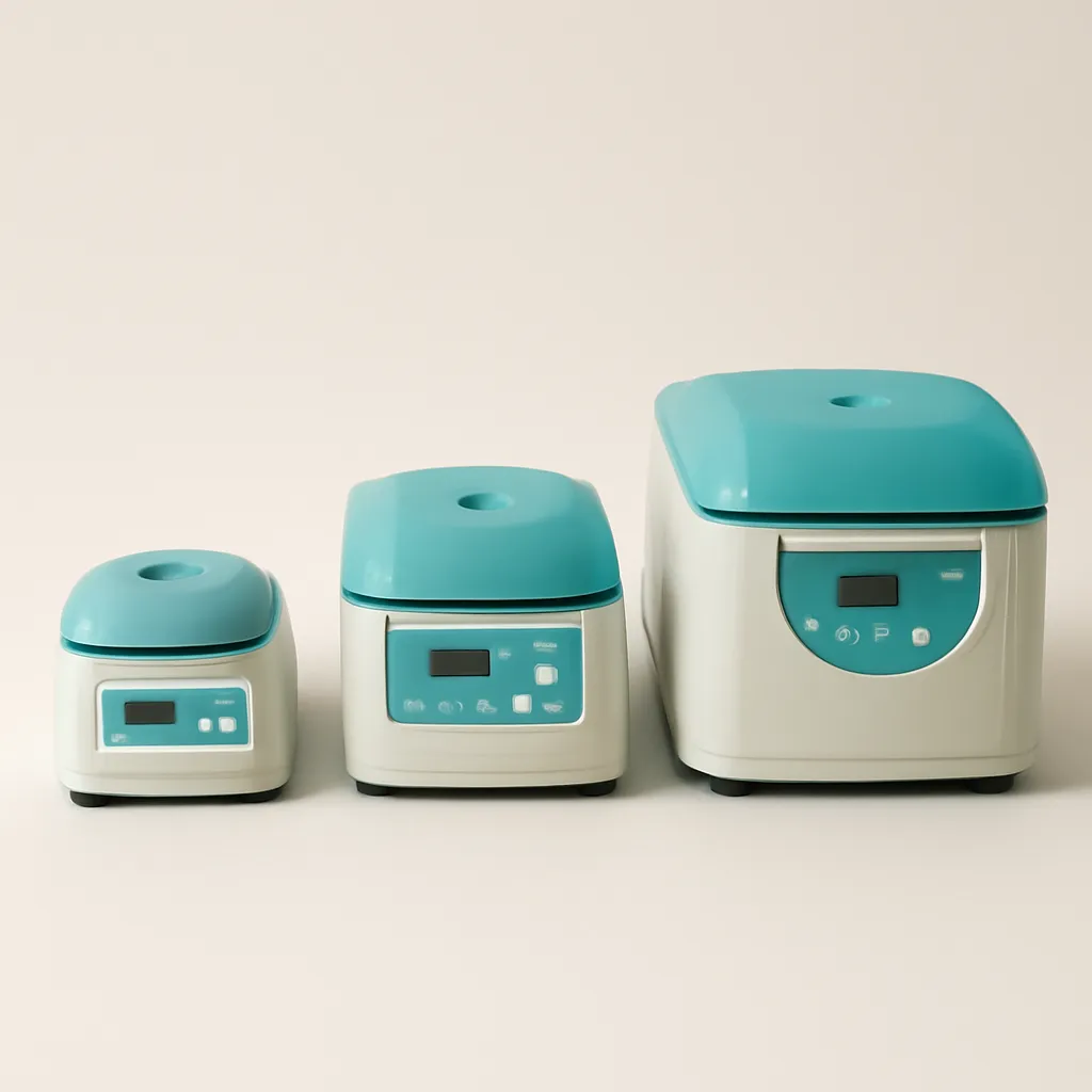 Trois centrifugeuses de paillasse de tailles différentes alignées sur fond clair.