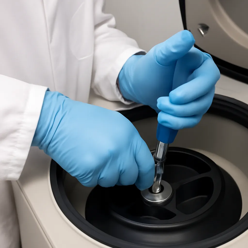 Technicien intervenant sur le rotor d'une ultracentrifugeuse ouverte.