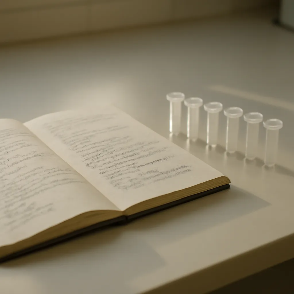 Cahier de laboratoire ouvert et tubes Eppendorf alignés sur paillasse blanche.